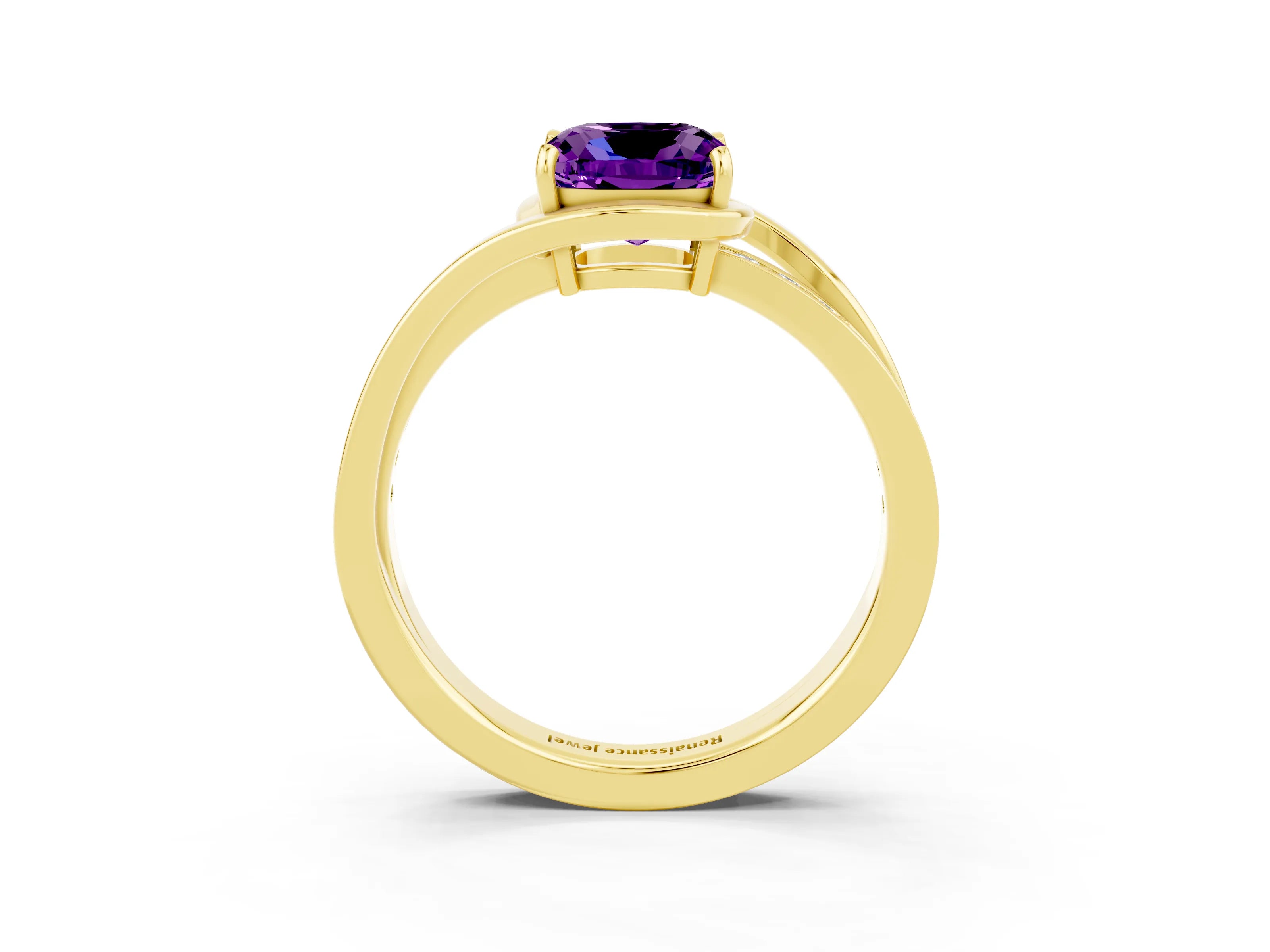 Yellow gold Cushion Cut Amethyst Solitaire Ring with Split Shank and Prong Setting_3