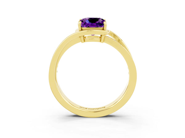 Yellow gold Cushion Cut Amethyst Solitaire Ring with Split Shank and Prong Setting