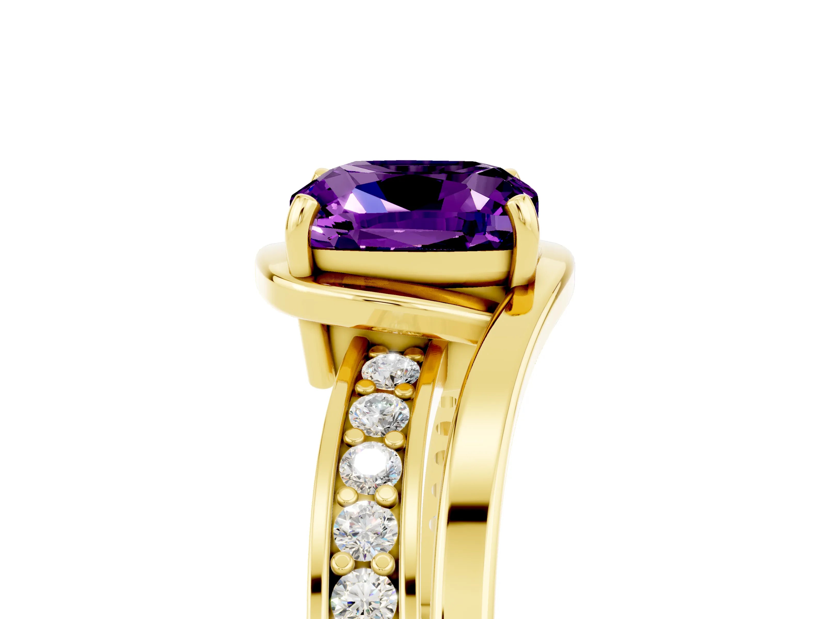 Yellow gold Cushion Cut Amethyst Solitaire Ring with Split Shank and Prong Setting_5