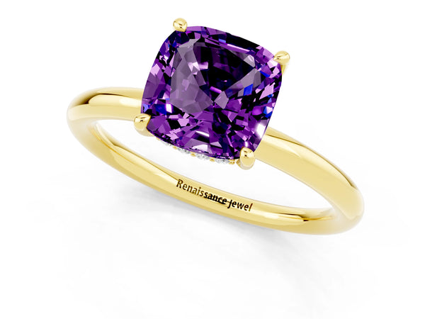 Yellow gold Cushion Cut Amethyst Solitaire Ring with Thin Band and Four-Prong Setting