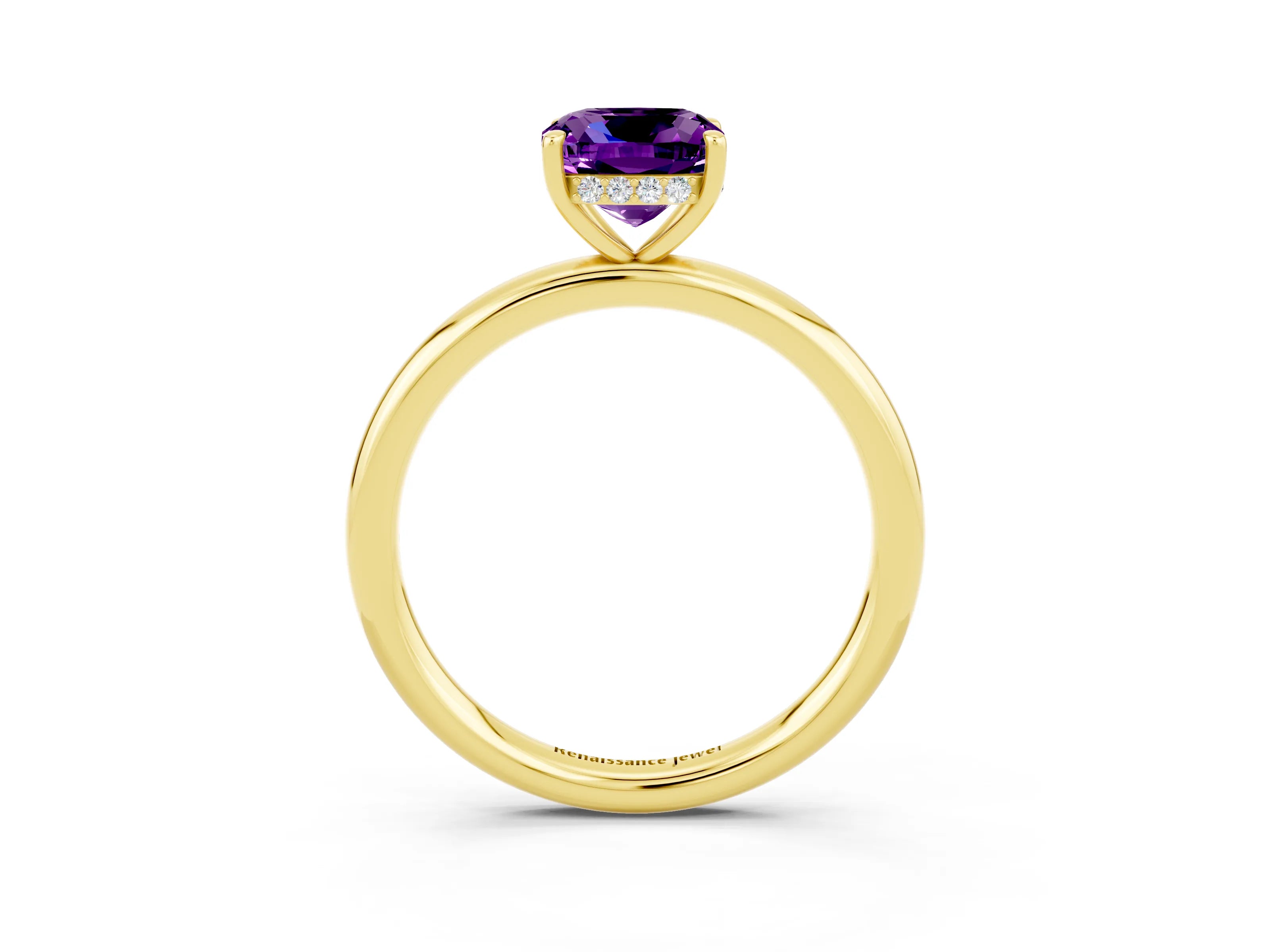 Yellow gold Cushion Cut Amethyst Solitaire Ring with Thin Band and Four-Prong Setting_3