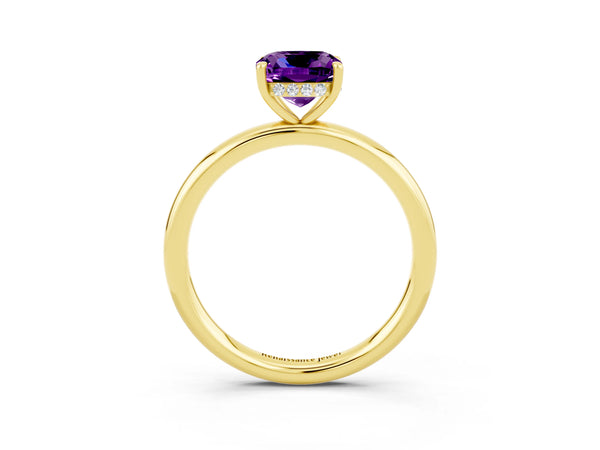 Yellow gold Cushion Cut Amethyst Solitaire Ring with Thin Band and Four-Prong Setting
