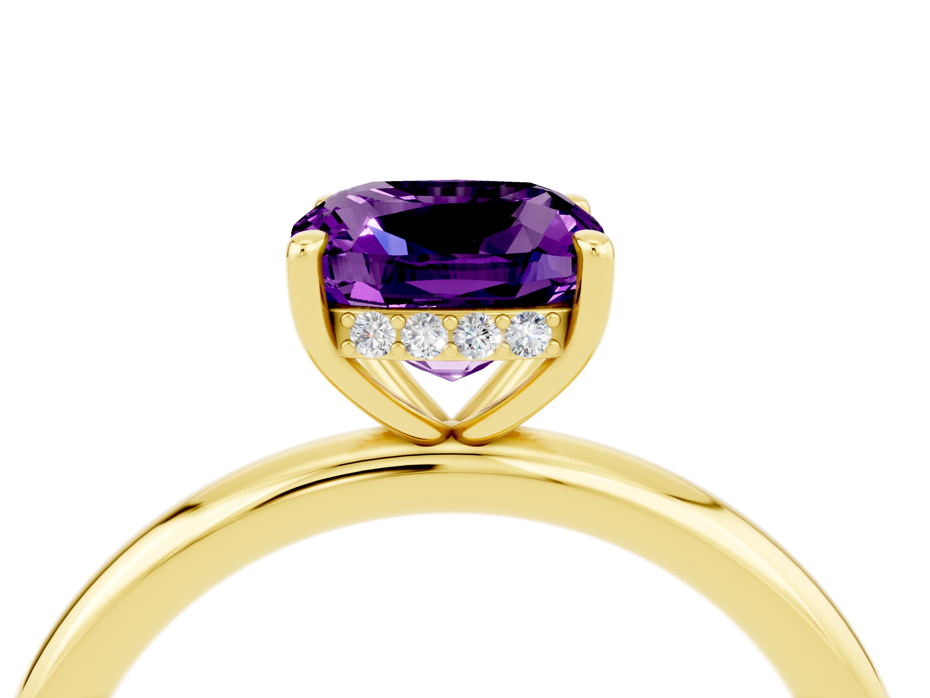 Yellow gold Cushion Cut Amethyst Solitaire Ring with Thin Band and Four-Prong Setting_4