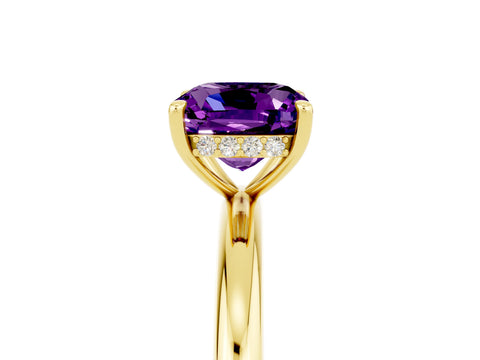 Yellow gold Cushion Cut Amethyst Solitaire Ring with Thin Band and Four-Prong Setting_5