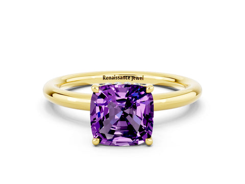 Yellow gold Cushion Cut Amethyst Solitaire Ring with Thin Band and Four-Prong Setting