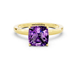 Yellow gold Cushion Cut Amethyst Solitaire Ring with Thin Band and Prong Setting_12