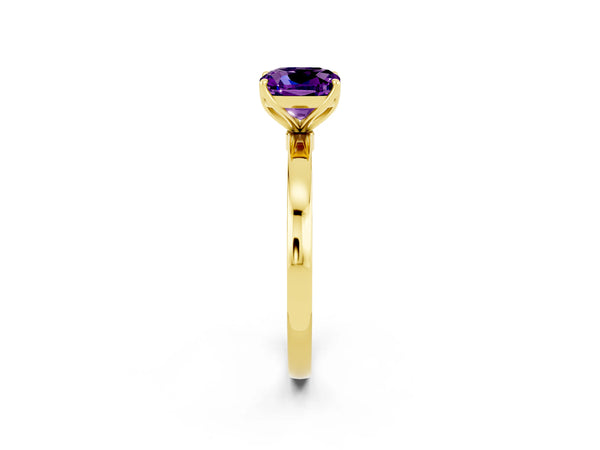 Yellow gold Cushion Cut Amethyst Solitaire Ring with Thin Band and Prong Setting