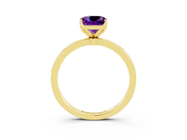 Yellow gold Cushion Cut Amethyst Solitaire Ring with Thin Band and Prong Setting