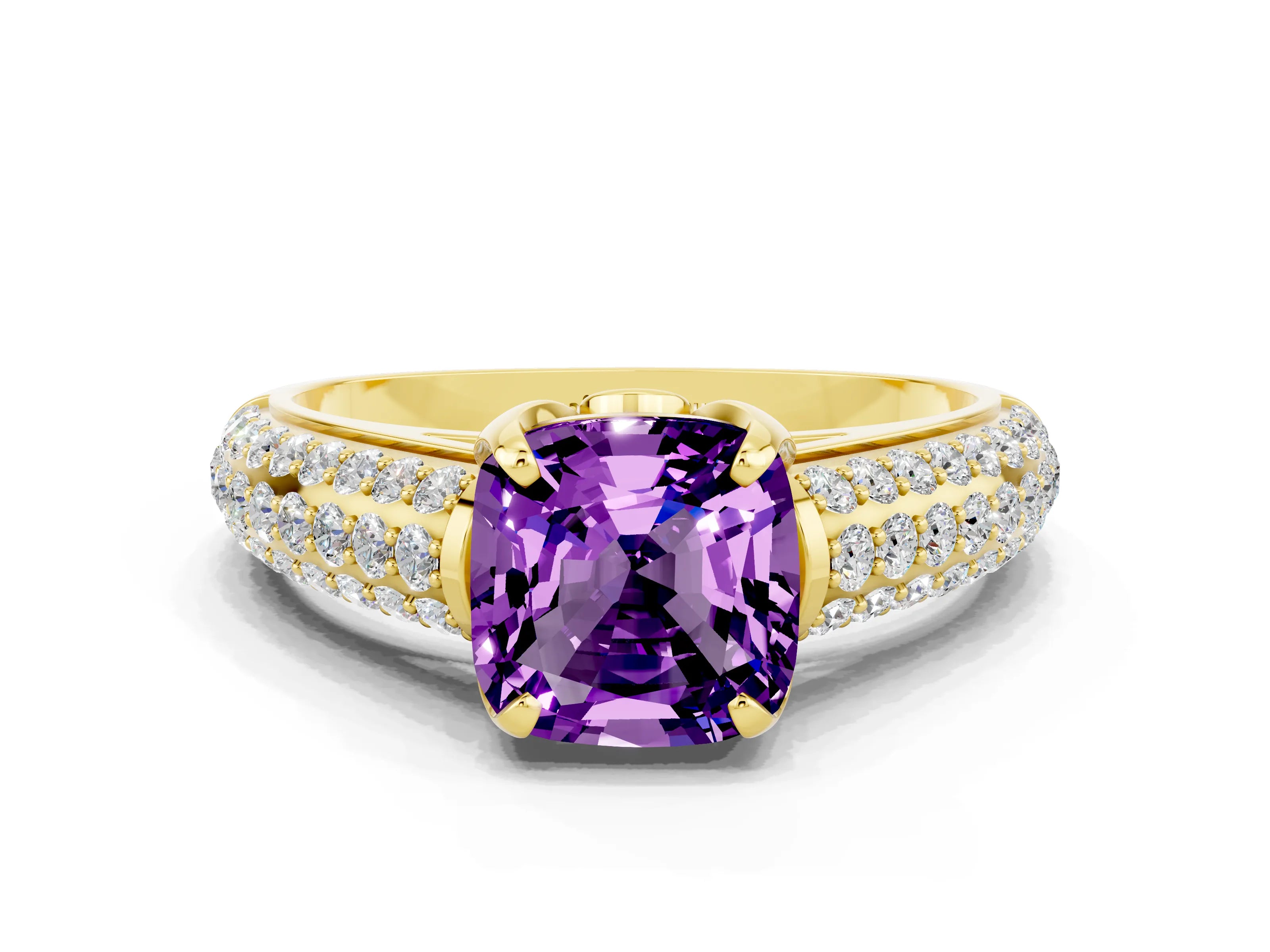 Yellow gold Cushion Cut Amethyst Solitaire Ring with Three-Row Pavé Band and Four-Prong Setting_12