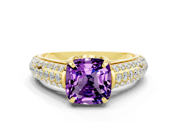 Yellow gold Cushion Cut Amethyst Solitaire Ring with Three-Row Pavé Band and Four-Prong Setting