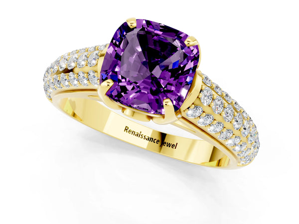Yellow gold Cushion Cut Amethyst Solitaire Ring with Three-Row Pavé Band and Four-Prong Setting