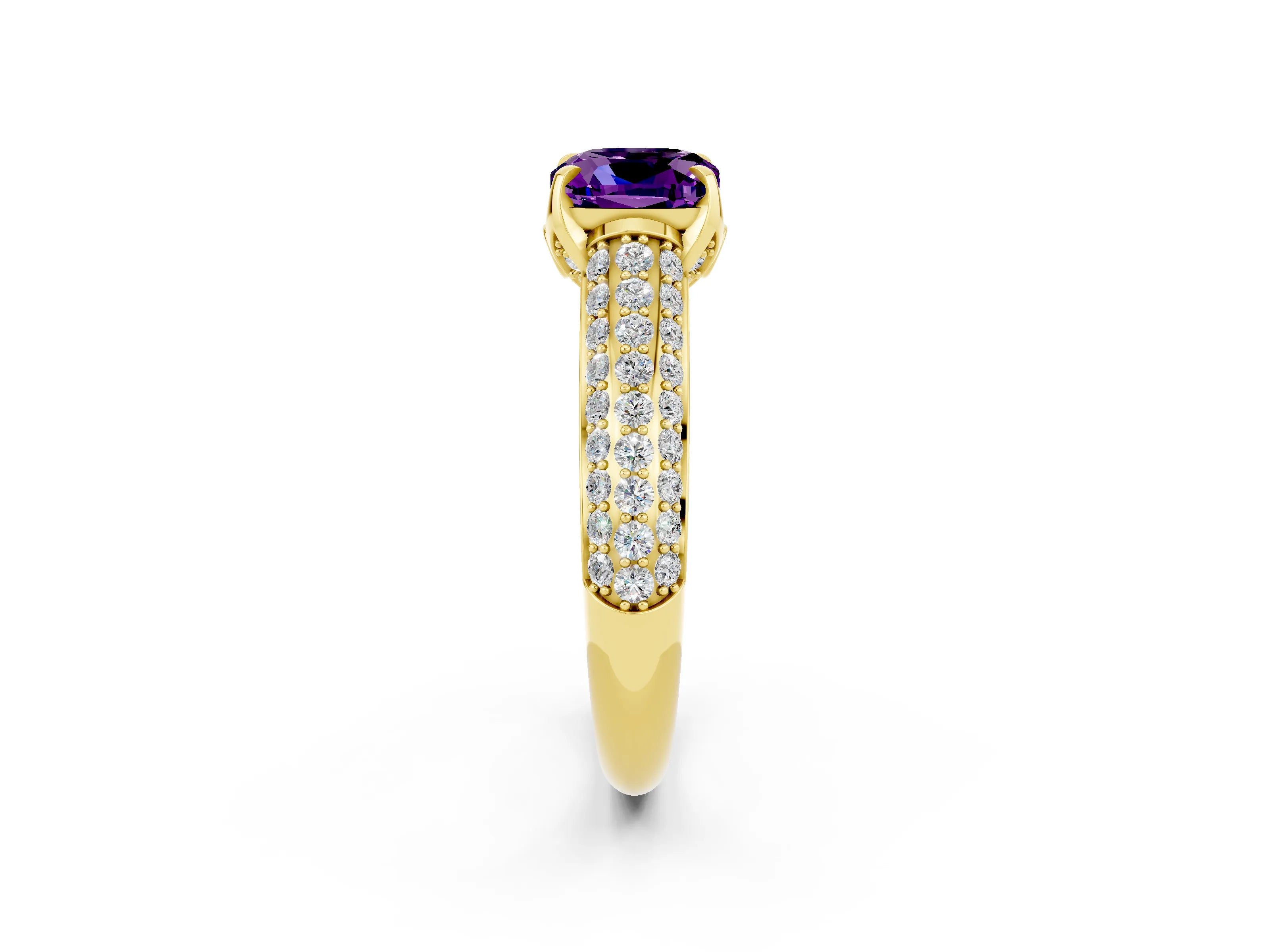 Yellow gold Cushion Cut Amethyst Solitaire Ring with Three-Row Pavé Band and Four-Prong Setting_14
