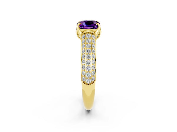 Yellow gold Cushion Cut Amethyst Solitaire Ring with Three-Row Pavé Band and Four-Prong Setting