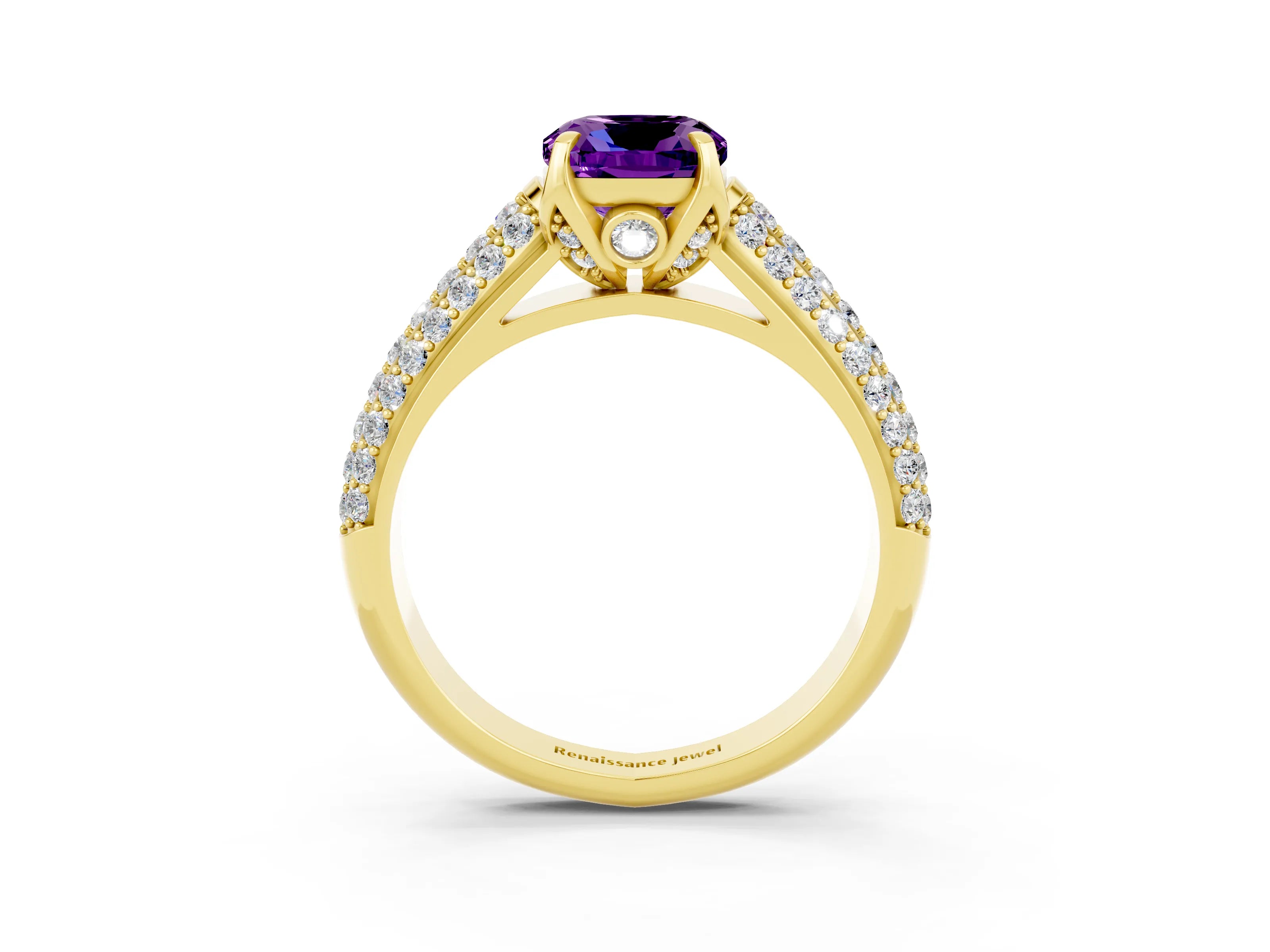Yellow gold Cushion Cut Amethyst Solitaire Ring with Three-Row Pavé Band and Four-Prong Setting_15