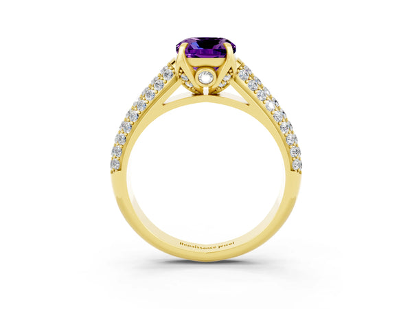 Yellow gold Cushion Cut Amethyst Solitaire Ring with Three-Row Pavé Band and Four-Prong Setting