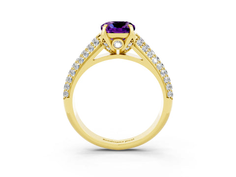 Yellow gold Cushion Cut Amethyst Solitaire Ring with Three-Row Pavé Band and Four-Prong Setting_15