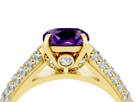 Yellow gold Cushion Cut Amethyst Solitaire Ring with Three-Row Pavé Band and Four-Prong Setting_16