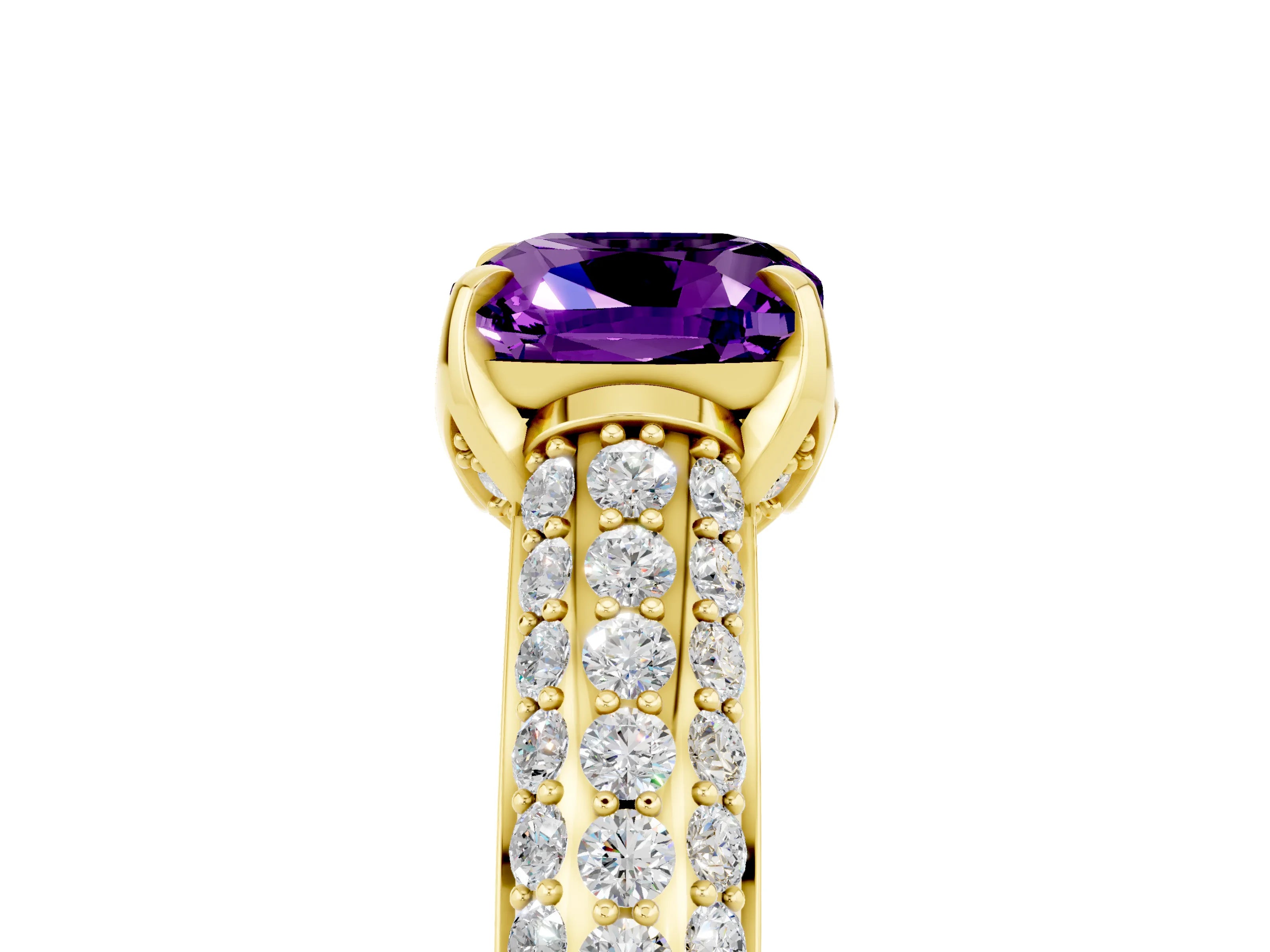 Yellow gold Cushion Cut Amethyst Solitaire Ring with Three-Row Pavé Band and Four-Prong Setting_17