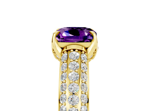 Yellow gold Cushion Cut Amethyst Solitaire Ring with Three-Row Pavé Band and Four-Prong Setting_17