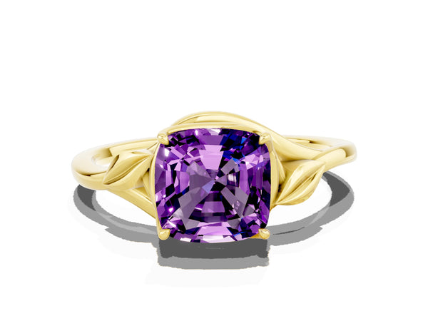 Yellow gold Cushion Cut Amethyst Solitaire Ring with Twist Band and Four-Prong Setting