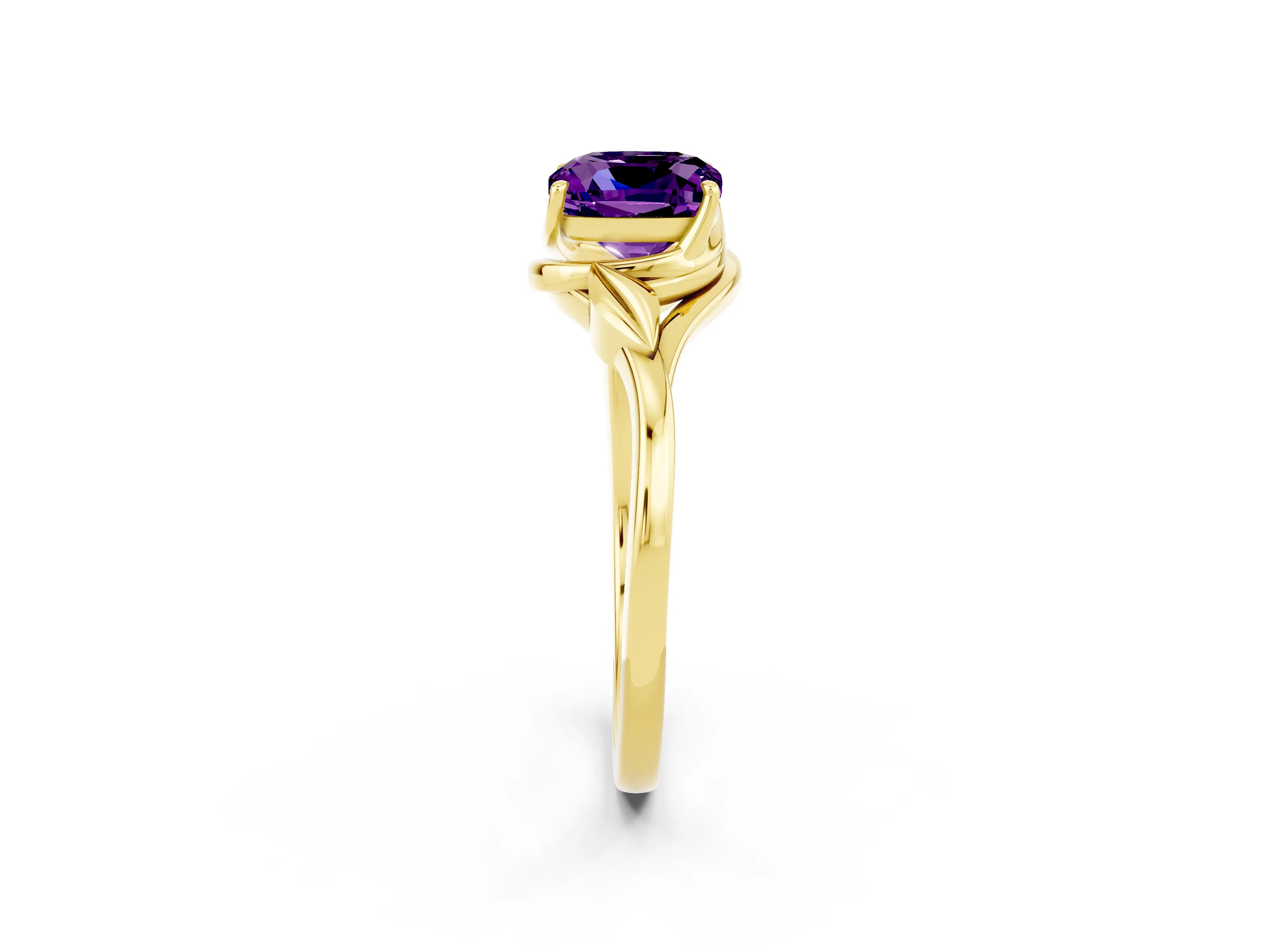 Yellow gold Cushion Cut Amethyst Solitaire Ring with Twist Band and Four-Prong Setting_26