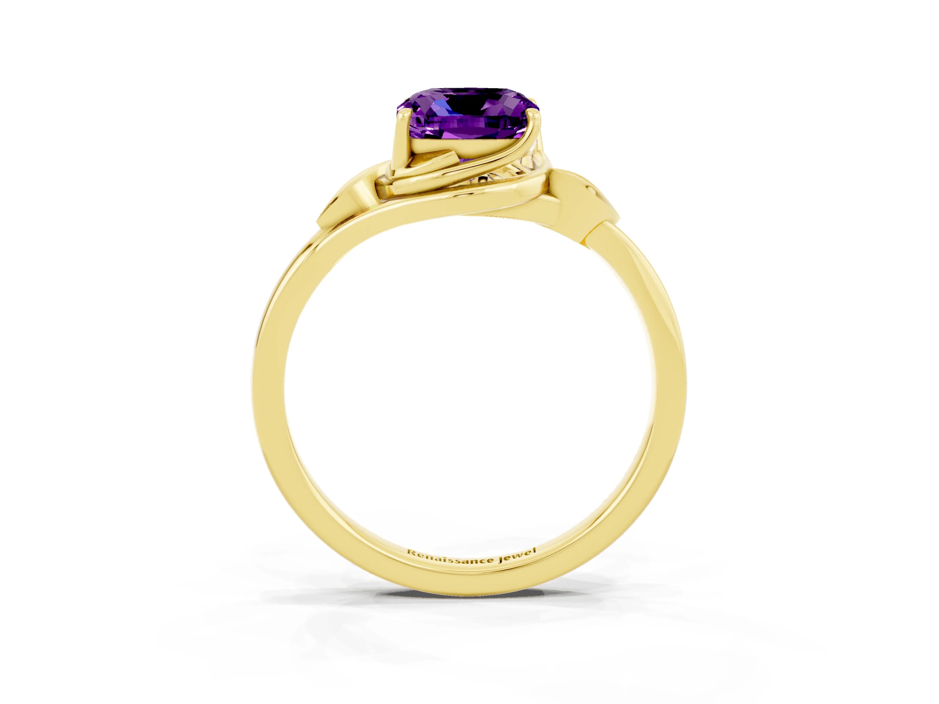 Yellow gold Cushion Cut Amethyst Solitaire Ring with Twist Band and Four-Prong Setting_27