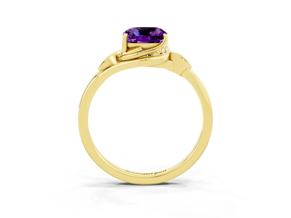 Yellow gold Cushion Cut Amethyst Solitaire Ring with Twist Band and Four-Prong Setting