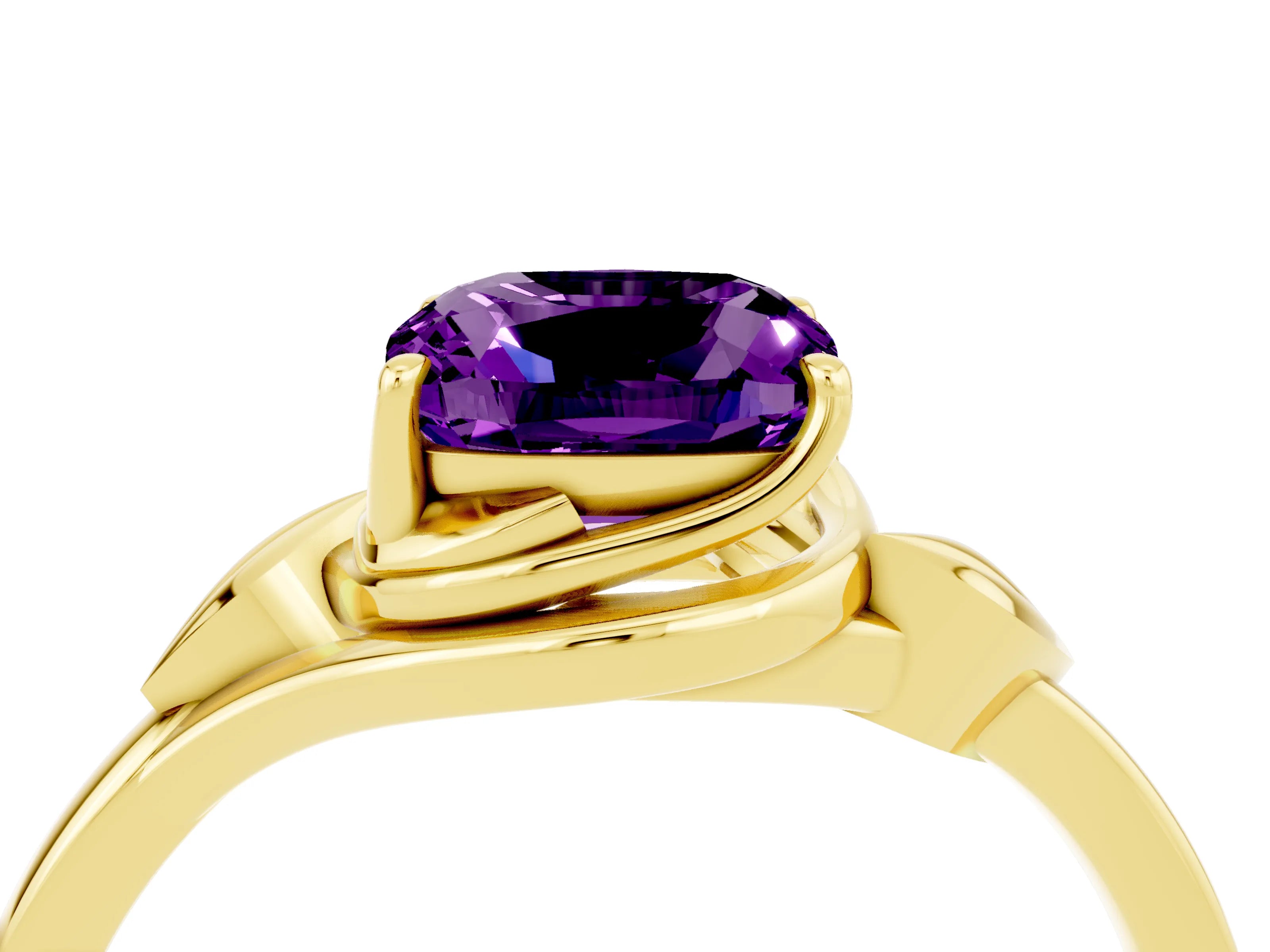 Yellow gold Cushion Cut Amethyst Solitaire Ring with Twist Band and Four-Prong Setting_28