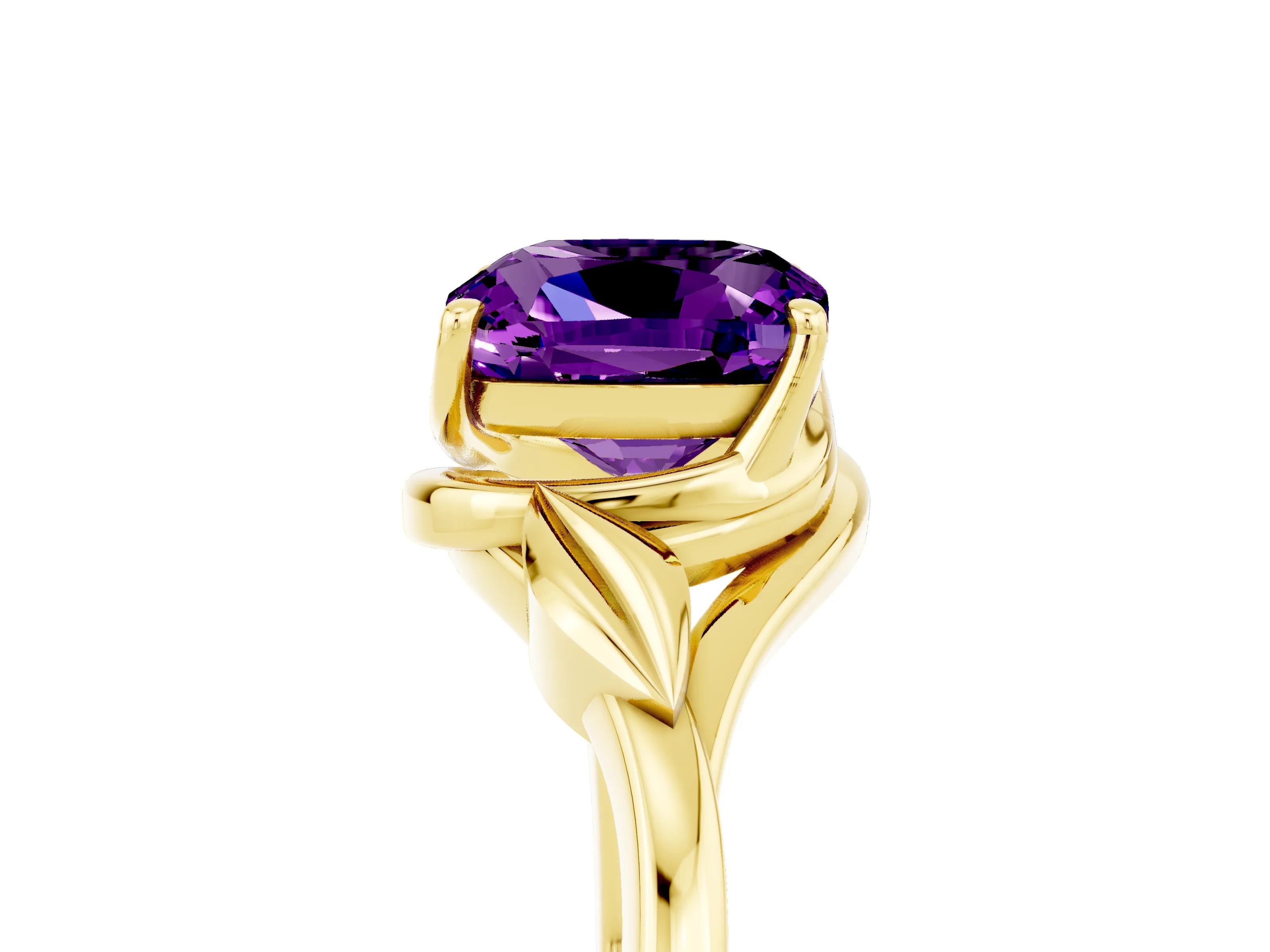 Yellow gold Cushion Cut Amethyst Solitaire Ring with Twist Band and Four-Prong Setting_29