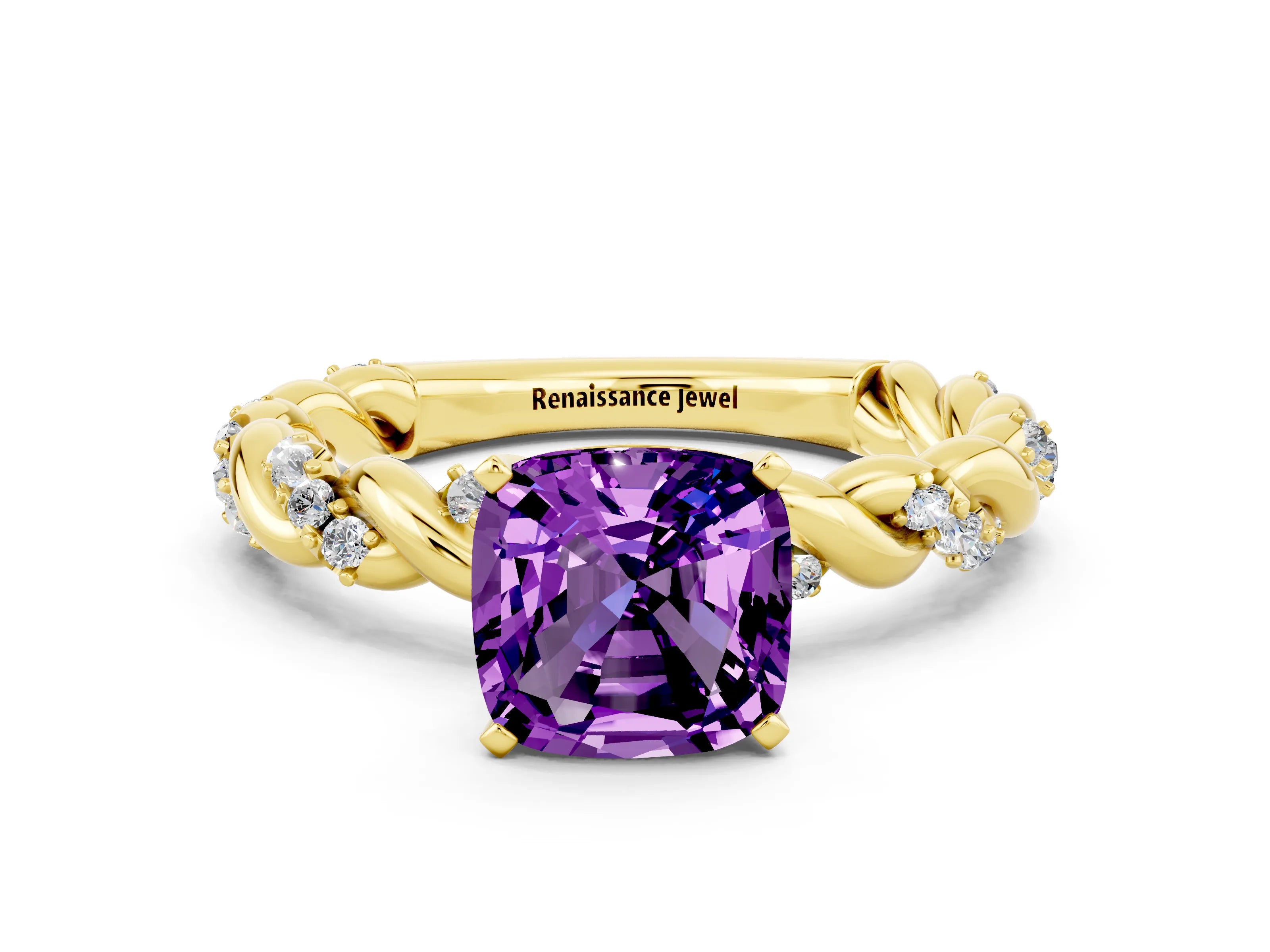 Yellow gold Cushion Cut Amethyst Solitaire Ring with Twisted Band and Pavé Accents
