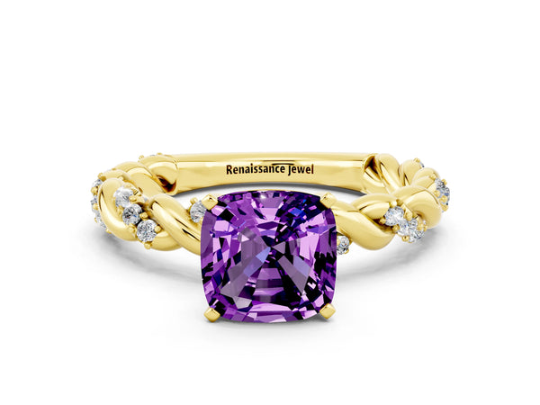 Yellow gold Cushion Cut Amethyst Solitaire Ring with Twisted Band and Pavé Accents