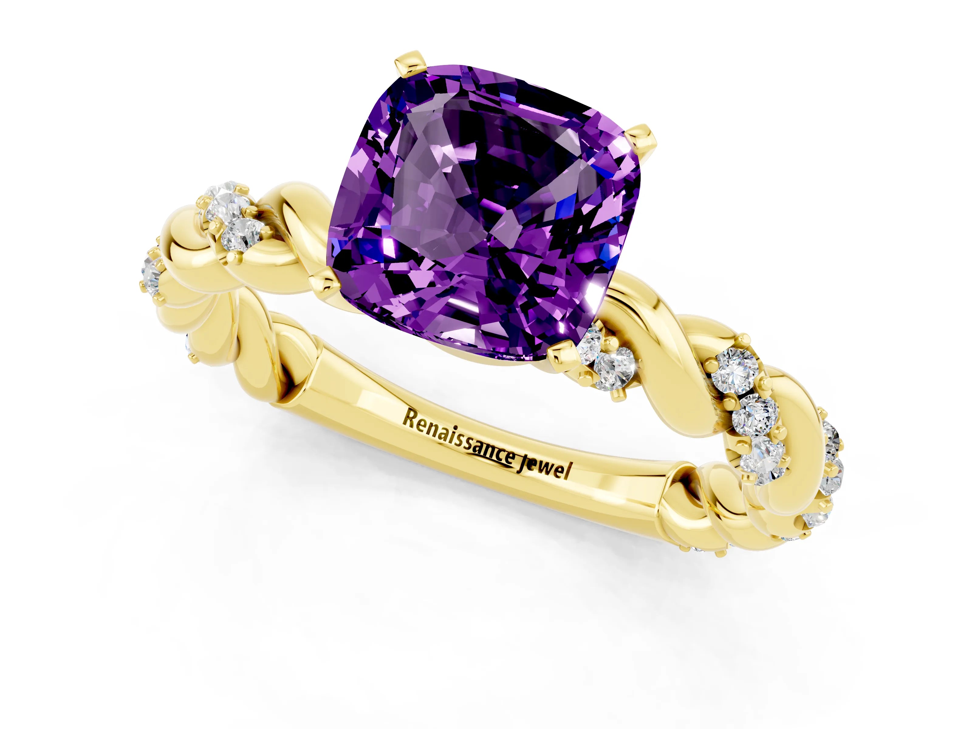 Yellow gold Cushion Cut Amethyst Solitaire Ring with Twisted Band and Pavé Accents_1