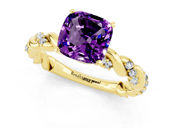 Yellow gold Cushion Cut Amethyst Solitaire Ring with Twisted Band and Pavé Accents