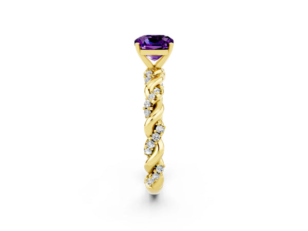 Yellow gold Cushion Cut Amethyst Solitaire Ring with Twisted Band and Pavé Accents