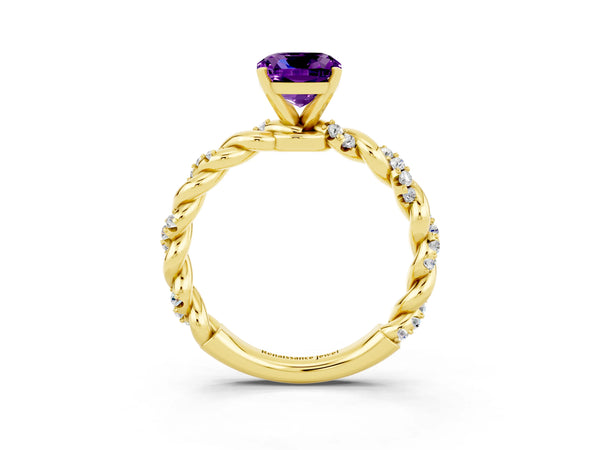 Yellow gold Cushion Cut Amethyst Solitaire Ring with Twisted Band and Pavé Accents