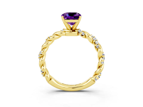 Yellow gold Cushion Cut Amethyst Solitaire Ring with Twisted Band and Pavé Accents_3