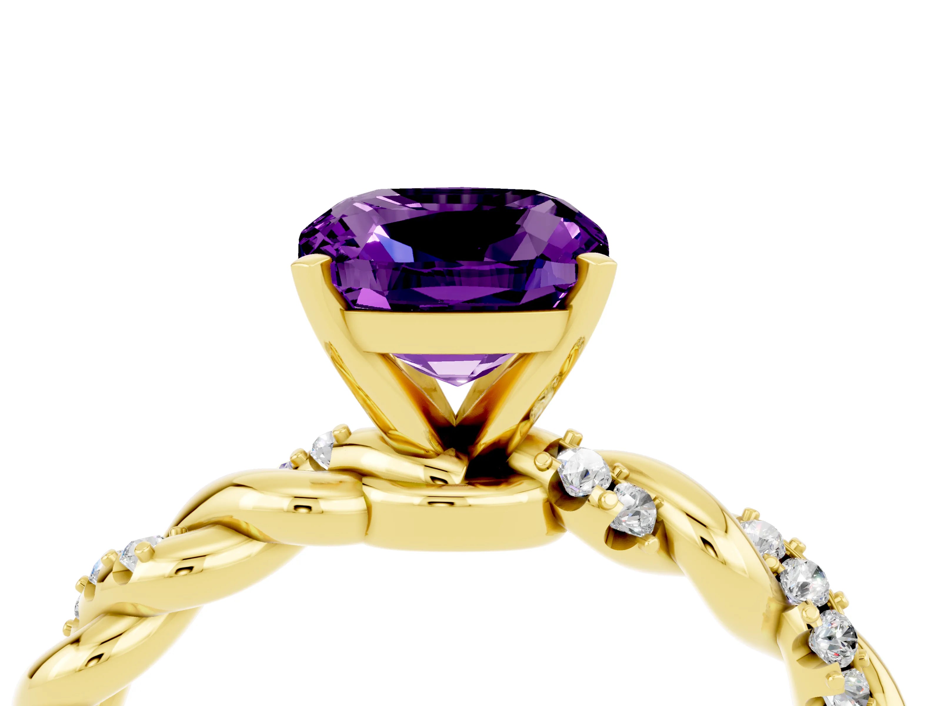 Yellow gold Cushion Cut Amethyst Solitaire Ring with Twisted Band and Pavé Accents_4