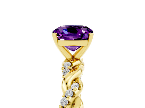 Yellow gold Cushion Cut Amethyst Solitaire Ring with Twisted Band and Pavé Accents_5