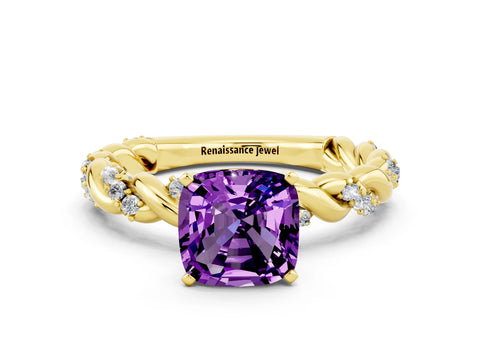 Yellow gold Cushion Cut Amethyst Solitaire Ring with Twisted Band and Pavé Accents