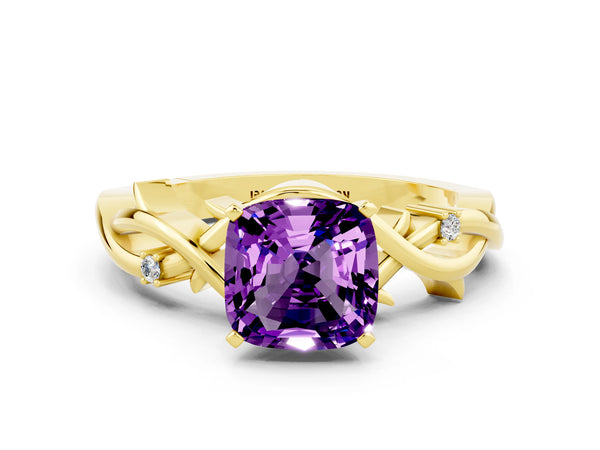 Yellow gold Cushion Cut Amethyst Solitaire Ring with Twisted Band and Prong Setting