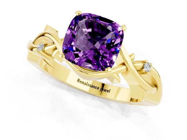 Yellow gold Cushion Cut Amethyst Solitaire Ring with Twisted Band and Prong Setting