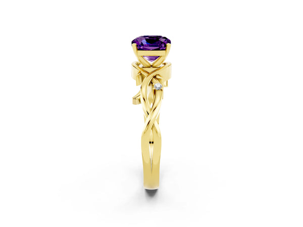 Yellow gold Cushion Cut Amethyst Solitaire Ring with Twisted Band and Prong Setting