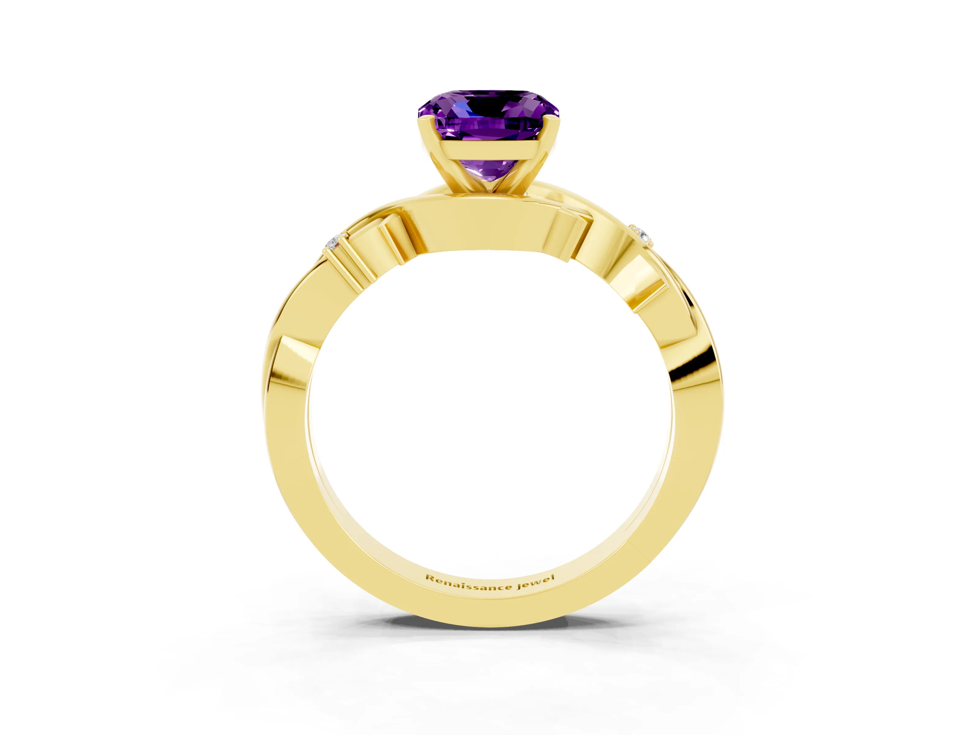 Yellow gold Cushion Cut Amethyst Solitaire Ring with Twisted Band and Prong Setting_3