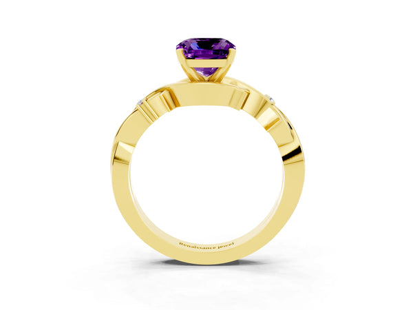 Yellow gold Cushion Cut Amethyst Solitaire Ring with Twisted Band and Prong Setting