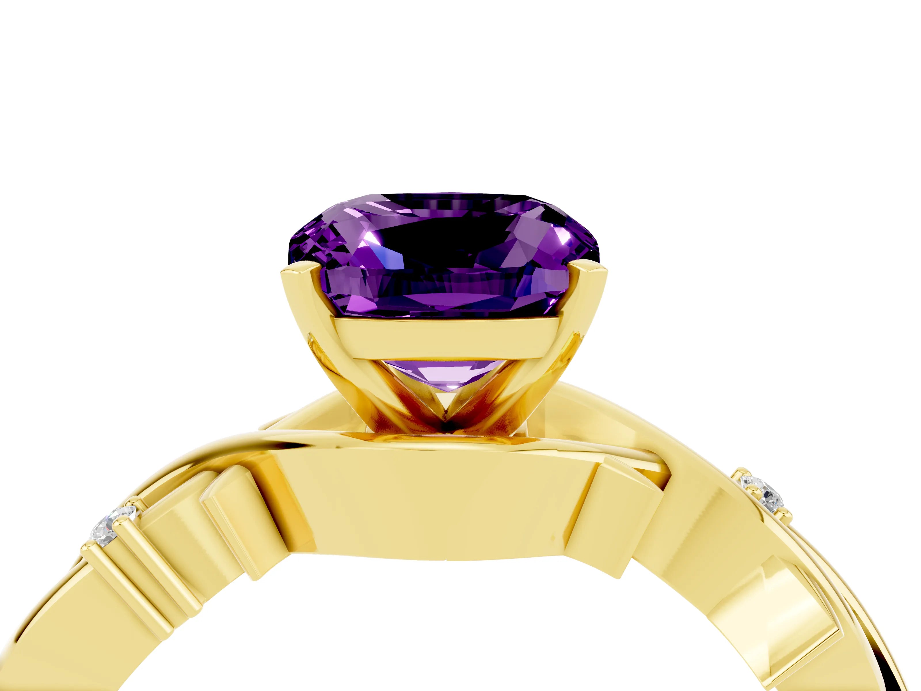 Yellow gold Cushion Cut Amethyst Solitaire Ring with Twisted Band and Prong Setting_4