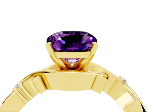 Yellow gold Cushion Cut Amethyst Solitaire Ring with Twisted Band and Prong Setting_4