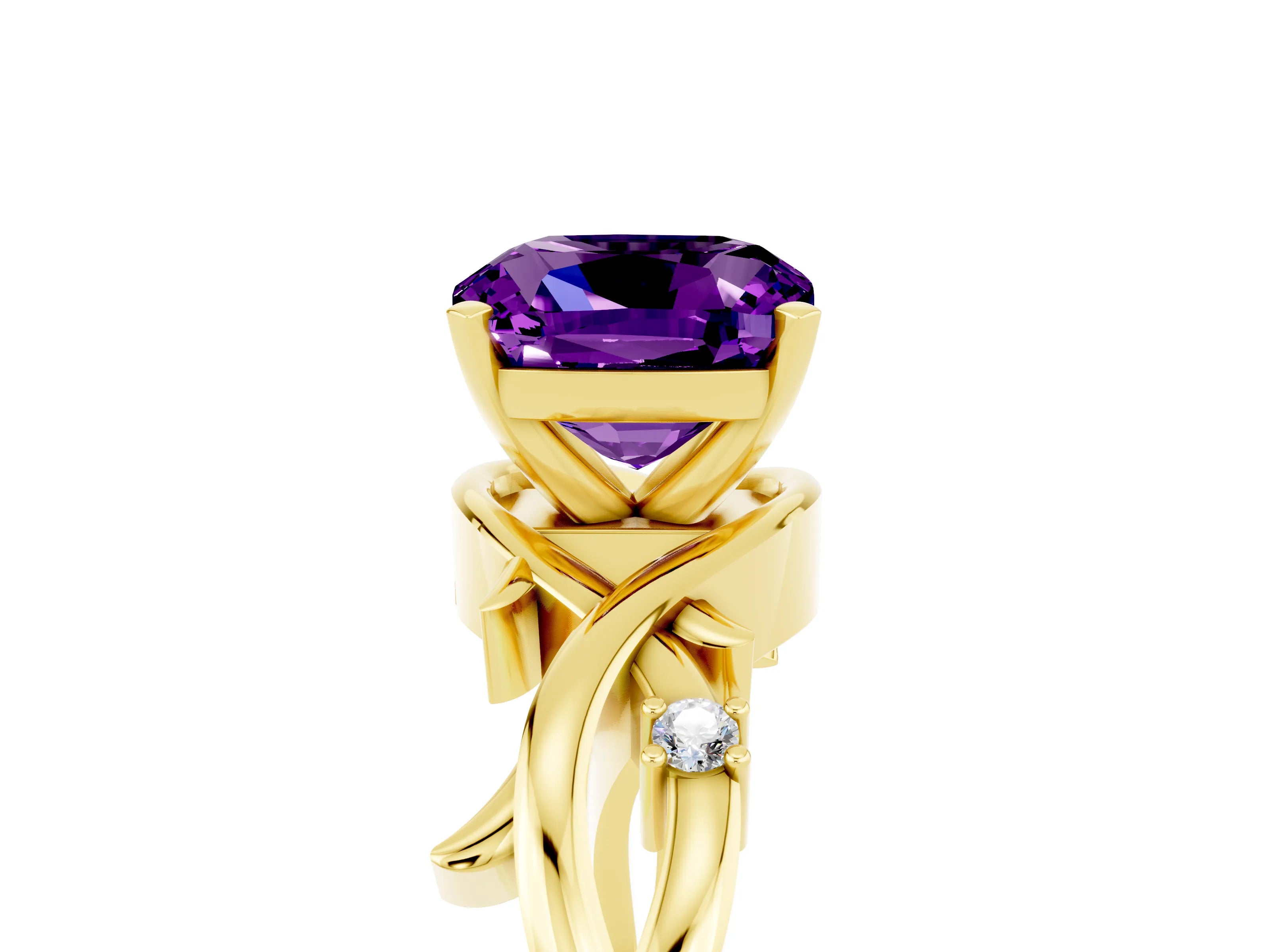 Yellow gold Cushion Cut Amethyst Solitaire Ring with Twisted Band and Prong Setting_5