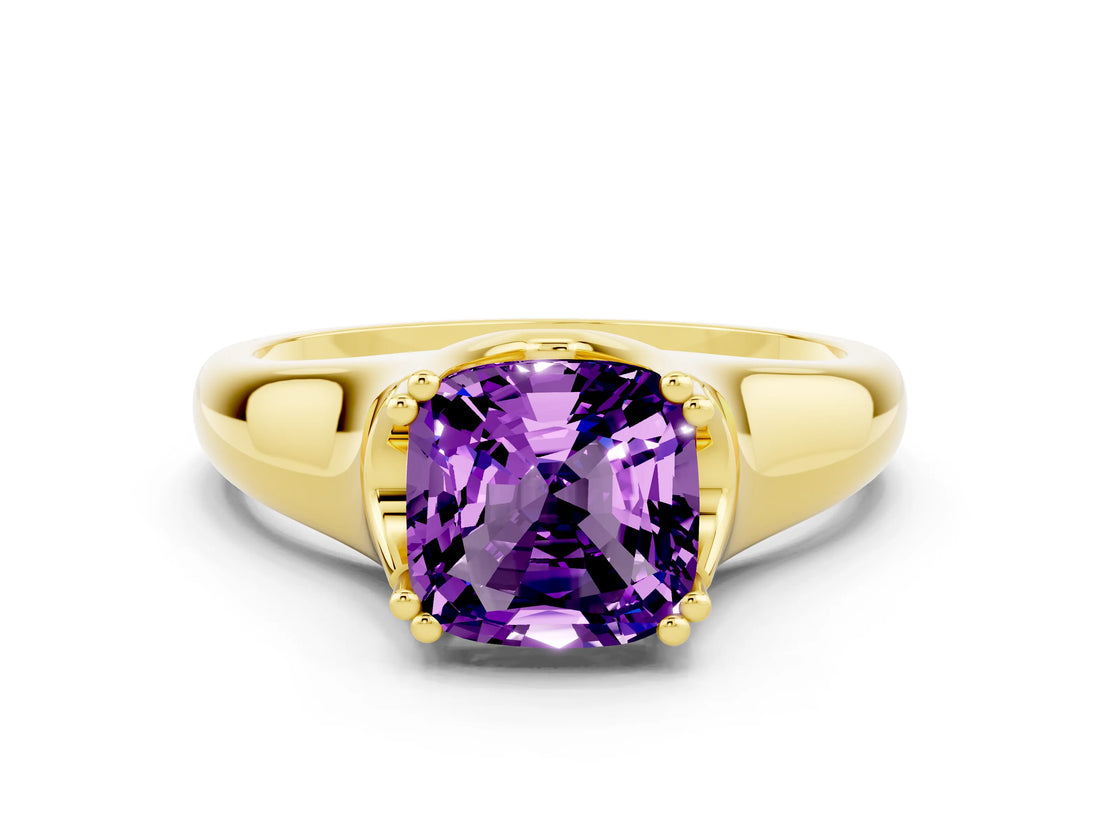 Yellow gold Cushion Cut Amethyst Solitaire Ring with Wide Band and Prong Setting