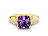 Yellow gold Cushion Cut Amethyst Solitaire Ring with Wide Band and Prong Setting