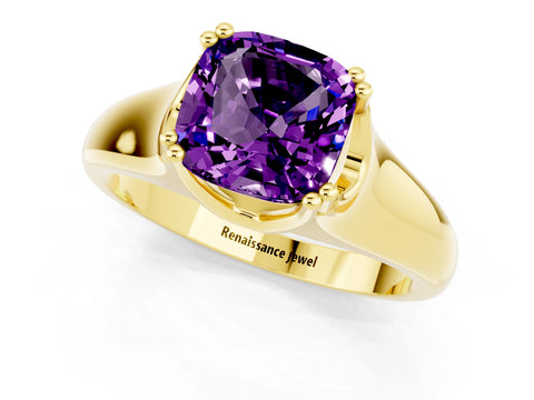 Yellow gold Cushion Cut Amethyst Solitaire Ring with Wide Band and Prong Setting_1